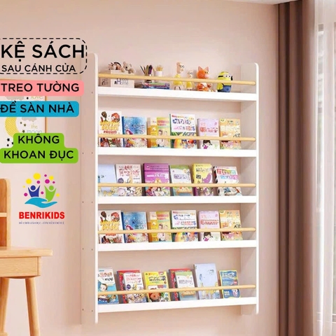 Kệ Sách Treo Tường Cho Bé Không Khoan, Gía Sách Montessori Màu Trắng Nhiều Kích Thước