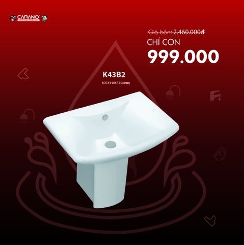 MẶT CHẬU RỬA CARANO K43B2 ( MẶT LAVABO MODEL: K43B2 )