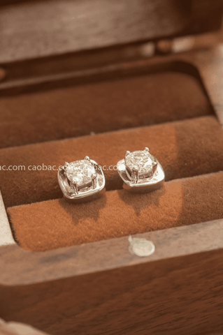 Khuyên tai bạc Việt Nam xi vàng trắng đính Kim Cương Moissanite 5 li ổ đá viền vuông (chiếc)