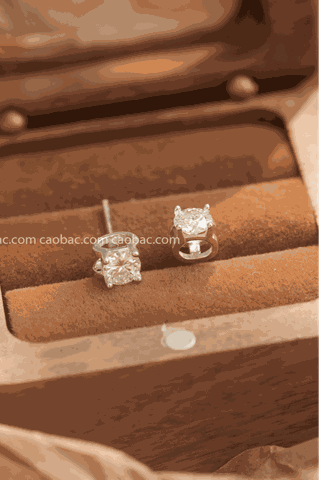 Khuyên tai bạc Việt Nam xi vàng trắng đính Kim Cương Moissanite 4 li viền móng ngựa (chiếc)
