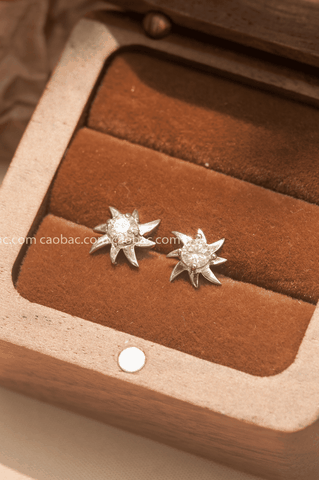 Khuyên tai bạc Việt Nam xi vàng trắng đính Kim Cương Moissanite 4 li sunrise (chiếc)