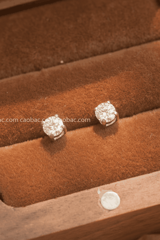 Khuyên tai bạc Việt Nam xi vàng trắng đính Kim Cương Moissanite 5 li ổ đá bốn chấu (chiếc)