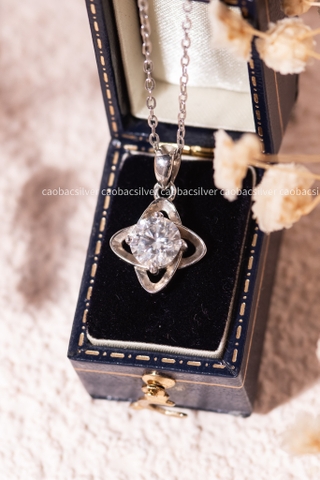 Dây chuyền bạc ta xi vàng trắng đính Kim Cương Moissanite tròn đá đều mặt phẳng