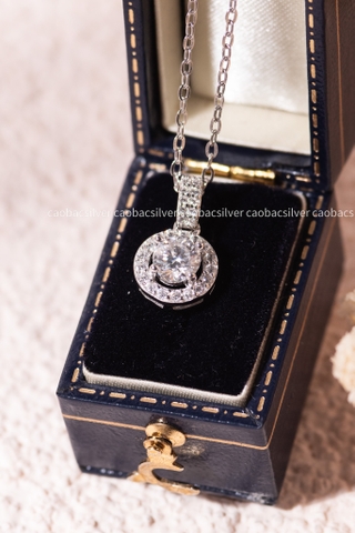Dây chuyền bạc ta xi vàng trắng đính Kim Cương Moissanite tròn đá lớn gọng dày