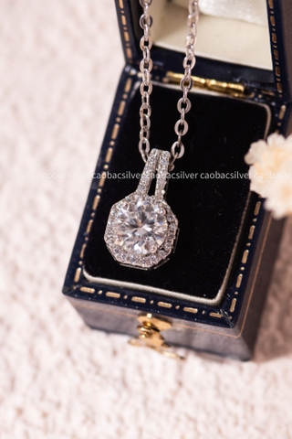 Dây chuyền bạc ta xi vàng trắng đính Kim Cương Moissanite tròn ổ đá cao