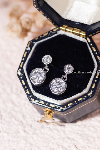 Khuyên tai bạc Việt Nam xi vàng trắng đính full kim cương Moissanite Starlight Echo