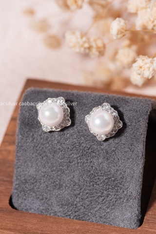 Khuyên tai bạc Việt Nam Ngọc trai Freshwater Halo Petal