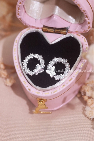 Khuyên tai bạc Việt Nam tròn rỗng đá hồ điệp