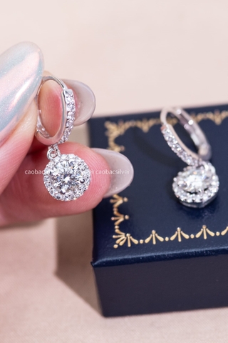 Khuyên tai bạc Việt Nam xi vàng trắng 18k đính kim cương Moissanite 5.5li dạng bấm ổ đá tròn treo