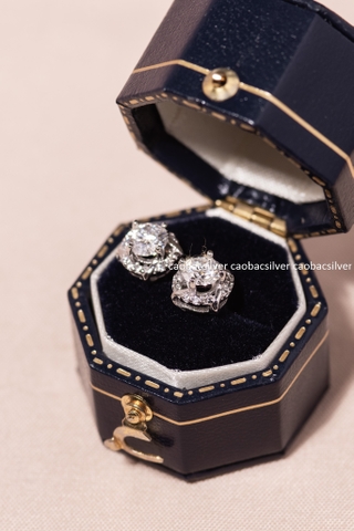 Khuyên tai bạc Việt Nam xi vàng trắng 18k đính kim cương Moissanite tròn xoáy
