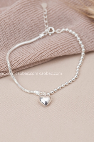 Lắc tay bạc Việt Nam tim phồng dây bi 1/2