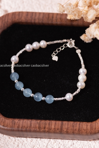 Lắc tay bạc Việt Nam Ngọc trai Freshwater Aquamarine Serenity
