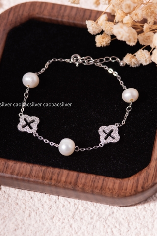 Lắc tay bạc Việt Nam Ngọc trai Freshwater Clover Shine