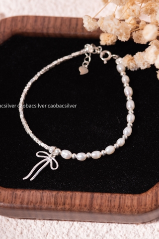 Lắc tay bạc Việt Nam Ngọc trai Freshwater Ribbon Charm