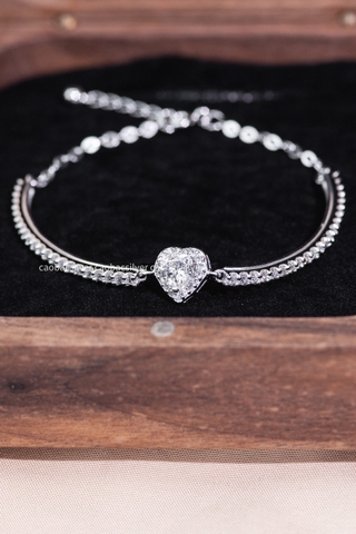 Lắc tay bạc Việt Nam xi vàng trắng 18k đính kim cương hình tim Moissanite 5li Sweet Heart