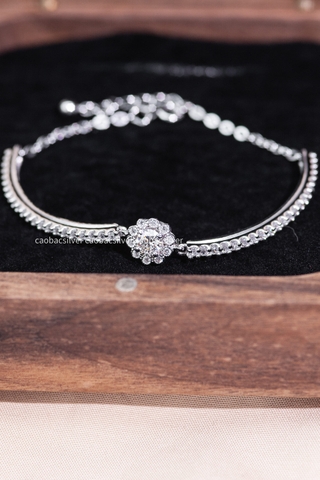 Lắc tay bạc Việt Nam xi vàng trắng 18k đính kim cương Moissanite 6li ổ đá tròn viền hoa