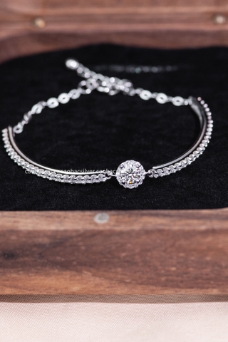 Lắc tay bạc Việt Nam xi vàng trắng 18k đính kim cương Moissanite 6li Round Stone