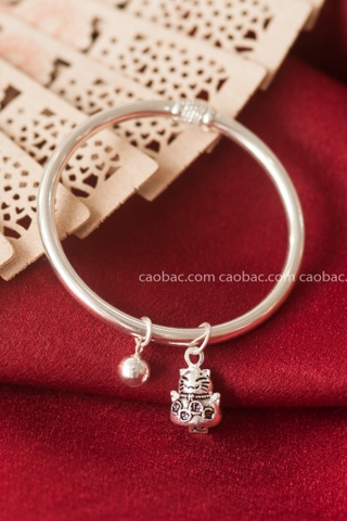 Lắc trẻ em bạc Việt Nam tròn cứng mèo thần tài mix chuông