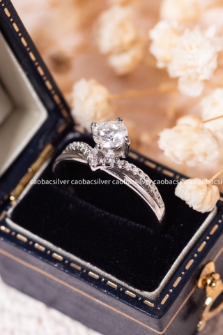 Nhẫn bạc ta xi vàng trắng đính Kim Cương Moissanite hai trái tim đá đính
