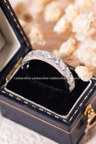 Nhẫn bạc ta xi vàng trắng đính Kim Cương Moissanite hoa nhọn năm cánh