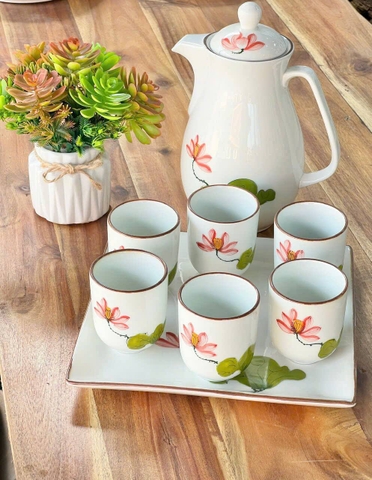 Bộ bình nước sen xanh sen đỏ vẽ tay 6 cốc