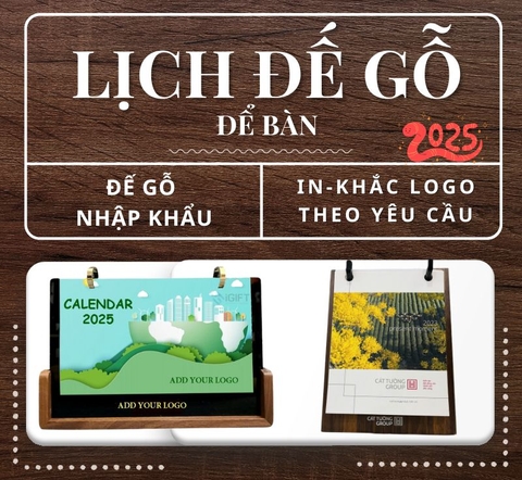 Lịch để bàn đế gỗ nhập khẩu -  khắc laser logo theo yêu cầu