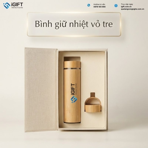 Bình giữ nhiệt vỏ tre khắc logo theo yêu cầu cho doanh nghiệp
