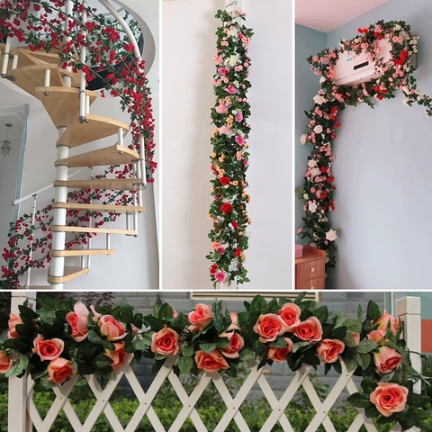 Dây leo hoa hồng 69 bông lụa nhựa dài 1.8 m  trang trí đẹp sang trọng