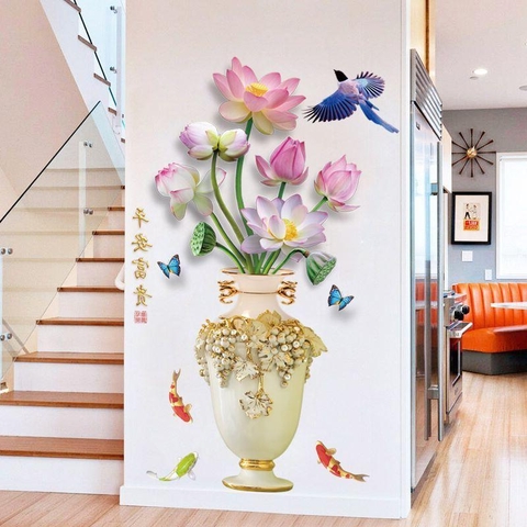 Decal dán tường hoa sen xinh trong bình sứ trang trí phòng sang trọng