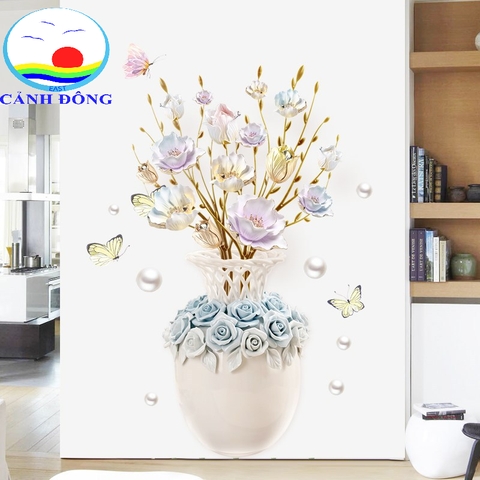 Decal dán tường bình hoa hồng 3D sang trọng