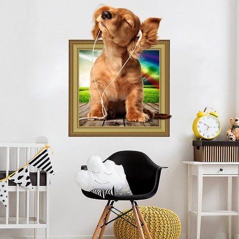 Decal dán tường chú chó nghe nhạc