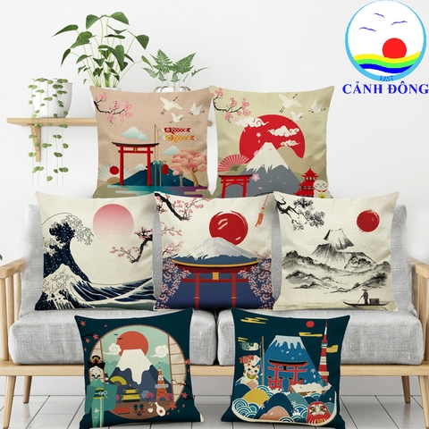 Gối tựa sofa Nhật Bản địa danh, mèo thần tài , Gối tựa lưng, Gối văn phòng, quà tặng cao cấp 45 cm x 45 cm