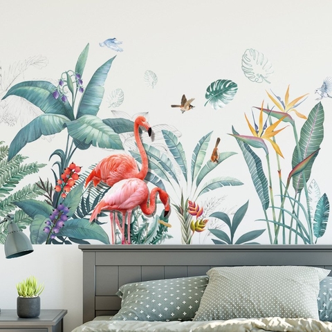 Decal dán tường vườn nhiệt đới chim hồng hạc sống động