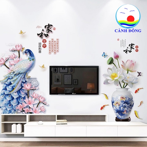 Decal dán tường 3D combo chim công và bình sen xanh sang trọng