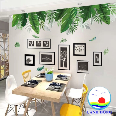 Decal dán tường lá xanh và khung tranh đen trắng combo trang trí lạ mắt