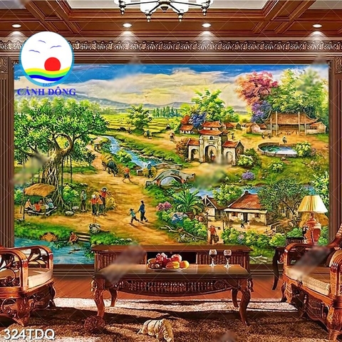 Decal dán tường phong cảnh làng quê Việt Nam yên bình trang trí quán, nhà hàng, phòng xinh ý nghĩa dán tường, kính, gỗ - in theo size yêu cầu trên nhiều chất liệu - sẵn keo dán dễ