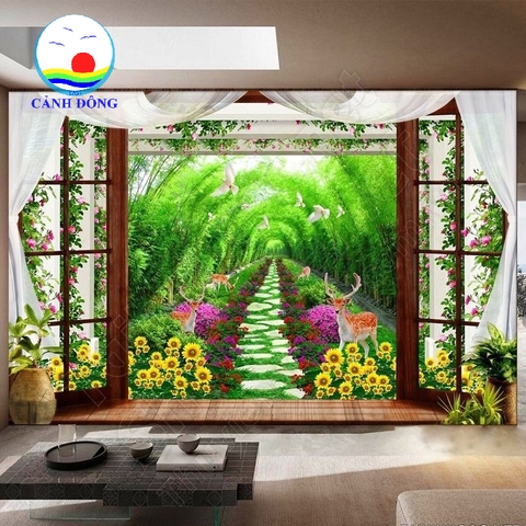 Tranh dán tường ban công, cửa sổ khu vườn thiên nhiên tươi đẹp sang trọng mở rộng phòng độc đáo - in theo size yêu cầu trên nhiều chất liệu - sẵn keo dán dễ