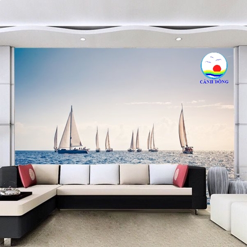 Giấy dán tường 3D biển và thuyền thuận buồm xuôi gió thành công , mây trời xanh mát, trang trí sang trọng - - in theo size yêu cầu trên nhiều chất liệu - sẵn keo dán dễ trên tường, kính, gỗ
