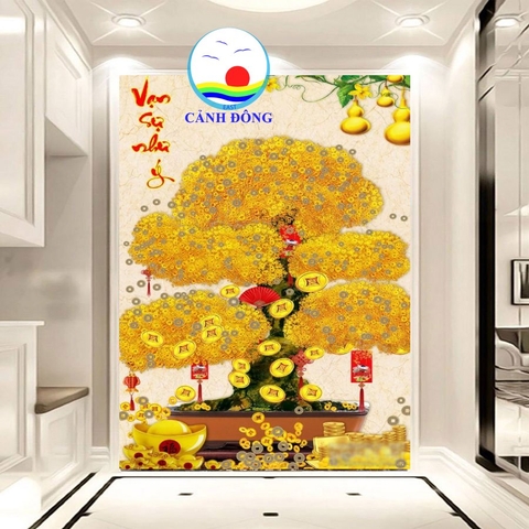 Decal dán tường cây kim tiền phong thủy rước lộc tài phú quý sang trọng khổ đứng dán kính, tường , gỗ - in theo size yêu cầu trên nhiều chất liệu - sẵn keo dán dễ.