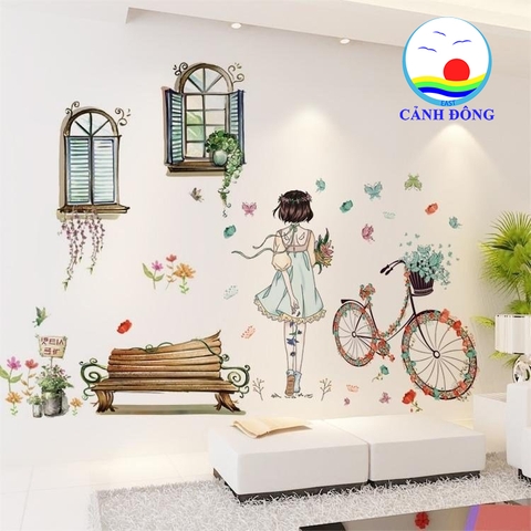Decal dán tường cô gái thơ mộng bên khung cửa sổ