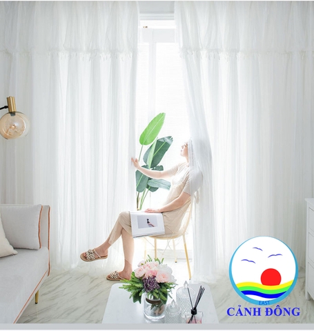 Rèm ren trắng vải 2 lớp kèm dây cột sang trọng