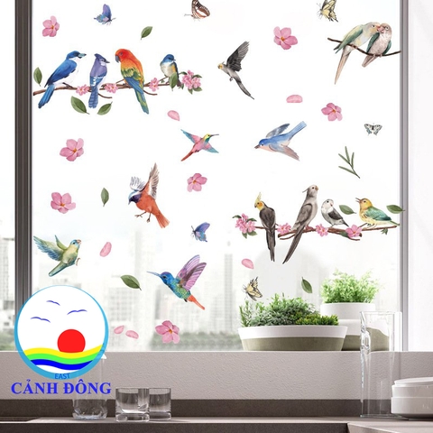 Decal dán kính dán tường bầy chim vui nhộn không gian phòng thư giãn vui tươi