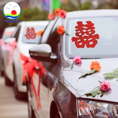 Chữ Hỷ dán kính xe cưới, dán kính trang trí phòng cưới không cần keo chỉ cần xịt nước lên mặt kính