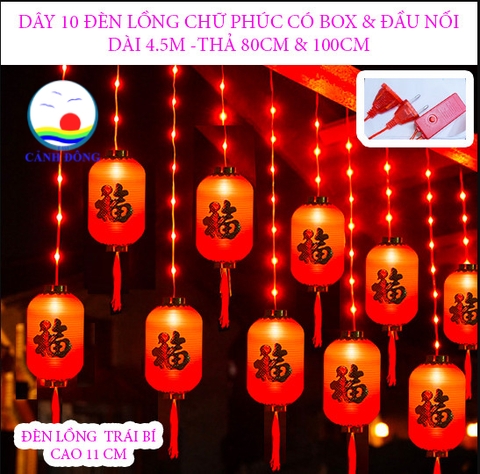 Dây lồng đèn led trái bí chữ Phúc dài 4.5m có điều khiển và đầu nối