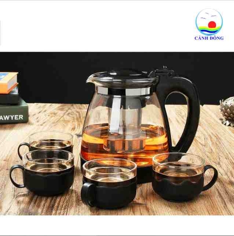 Bộ ấm trà thủy tinh, bình trà, pha cà phê có lưới lọc kèm 4 ly thủy tinh cao cấp - Nhận in logo thương hiệu theo yêu cầu làm quà tặng ý nghĩa