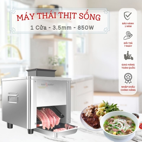 Máy thái thịt tươi sống 1 cửa mini. Thái lát gọn đẹp, tốc độ cao. Lưỡi dao 3.5mm