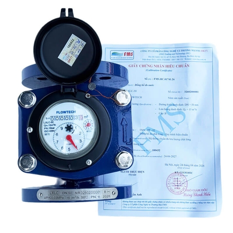 Flowtech DN50 - Đồng hồ đo lưu lượng nước sạch, thân gang có hiệu chuẩn