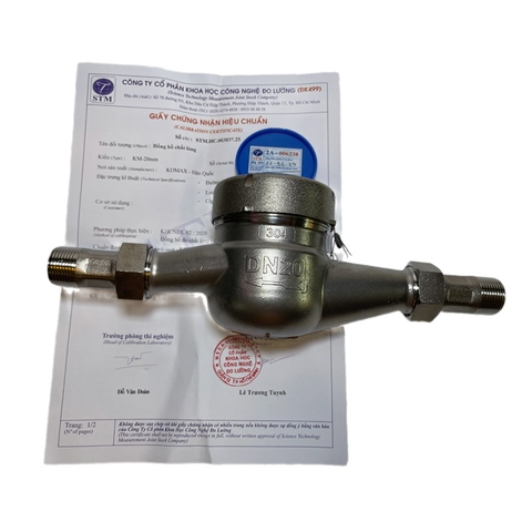 DN20 - Đồng hồ nước inox DN20 Komax nối ren 27mm - Có hiệu chuẩn