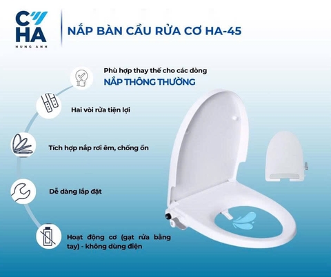 NẮP BÀN CẦU RƠI ÊM HA45 THÔNG MINH TỰ RỬA BẰNG CƠ HỌC, KHÔNG DÙNG ĐIỆN