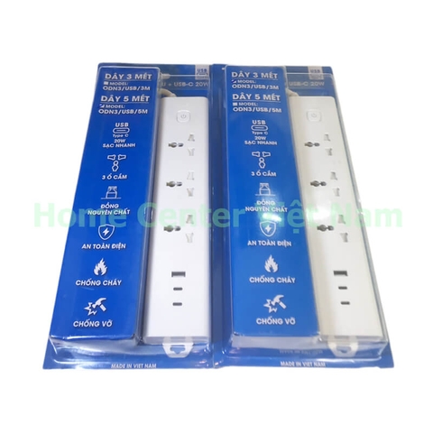 Ổ cắm 3 - 3 chấu + USB - C 20W (dây 3 mét)